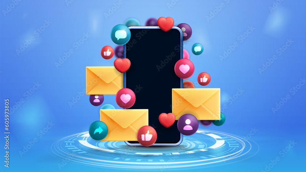 Smartphone on hologram podium surrounded with floating social network elements on blue background. Smartphone on hologram podium surrounded with floating social network elements on blue background.