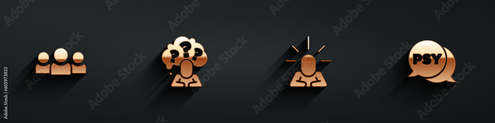 Set Users group, Head with question mark, Depression and Psychology, Psi icon with long shadow. Vector Set Users group, Head with question mark, Depression and Psychology, Psi icon with long shadow. Vector