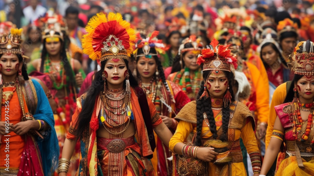 A vibrant procession of people in traditional attire, celebrating a cultural festival Generative AI