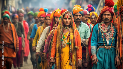 A vibrant procession of people in traditional attire  celebrating a cultural festival Generative AI