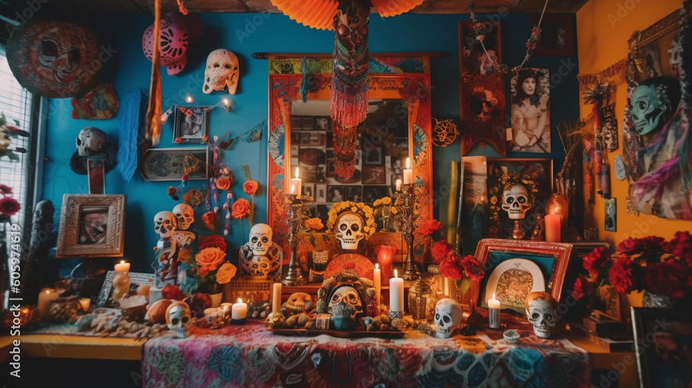 A colorful Día de los Muertos celebration with vibrant altars and intricately painted skulls Generative AI