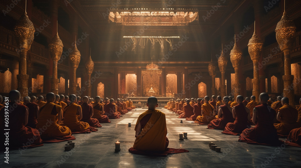 Naklejka premium A serene Buddhist temple with monks engaged in prayer and contemplation Generative AI