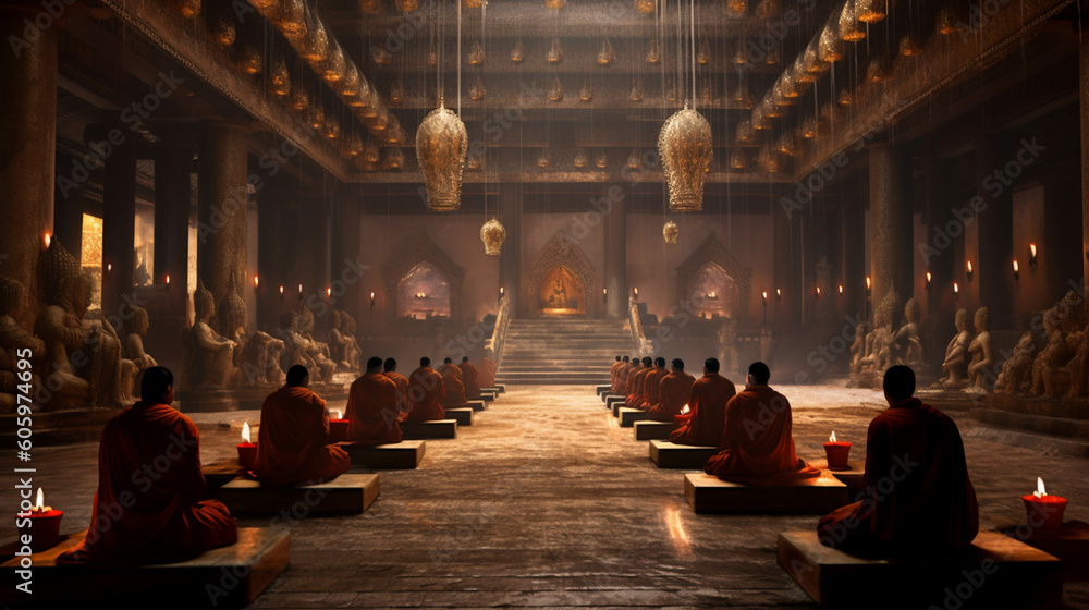 A serene Buddhist temple with monks engaged in prayer and contemplation Generative AI - obrazy, fototapety, plakaty 