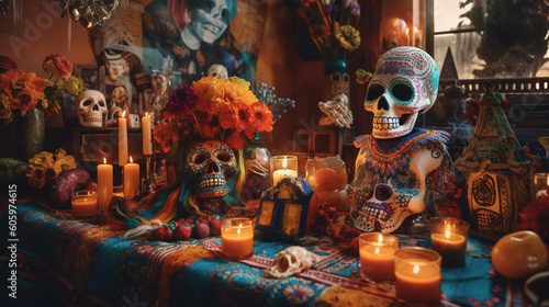 A colorful Día de los Muertos celebration with vibrant altars and intricately painted skulls Generative AI