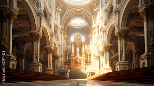 A grand cathedral interior with ornate pillars  arches  and beautiful religious artwork Generative AI