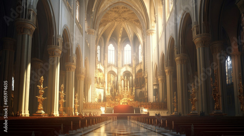 A grand cathedral interior with ornate pillars  arches  and beautiful religious artwork Generative AI