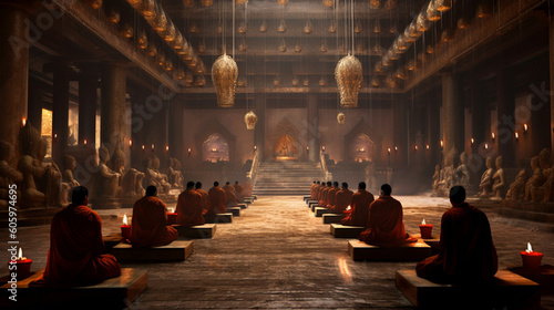 A serene Buddhist temple with monks engaged in prayer and contemplation Generative AI photo
