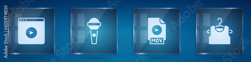 Set Online play video, Microphone, MOV file document and Sleeveless T-shirt. Square glass panels. Vector