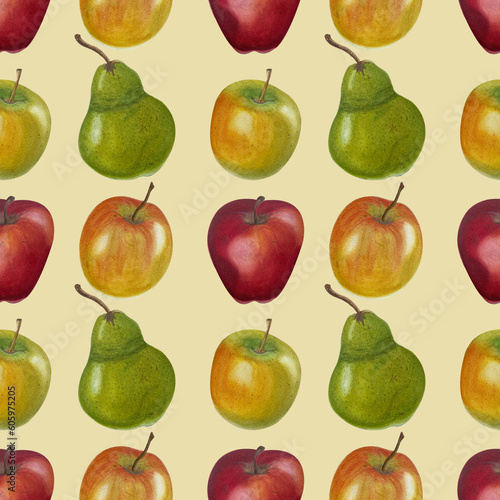 green red yellow apples pears watercolor pattern