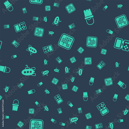 Set Tic tac toe game, Sand in bucket, Submarine toy and Tetris electronic on seamless pattern. Vector