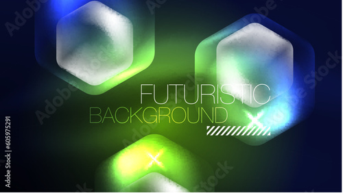 Glowing blue neon hexagons in dark space. Digital technology cyberspace hi-tech techno abstract background template