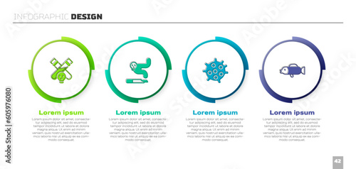 Set Bottle with potion, Cigarette, Bacteria and Puffer fish. Business infographic template. Vector