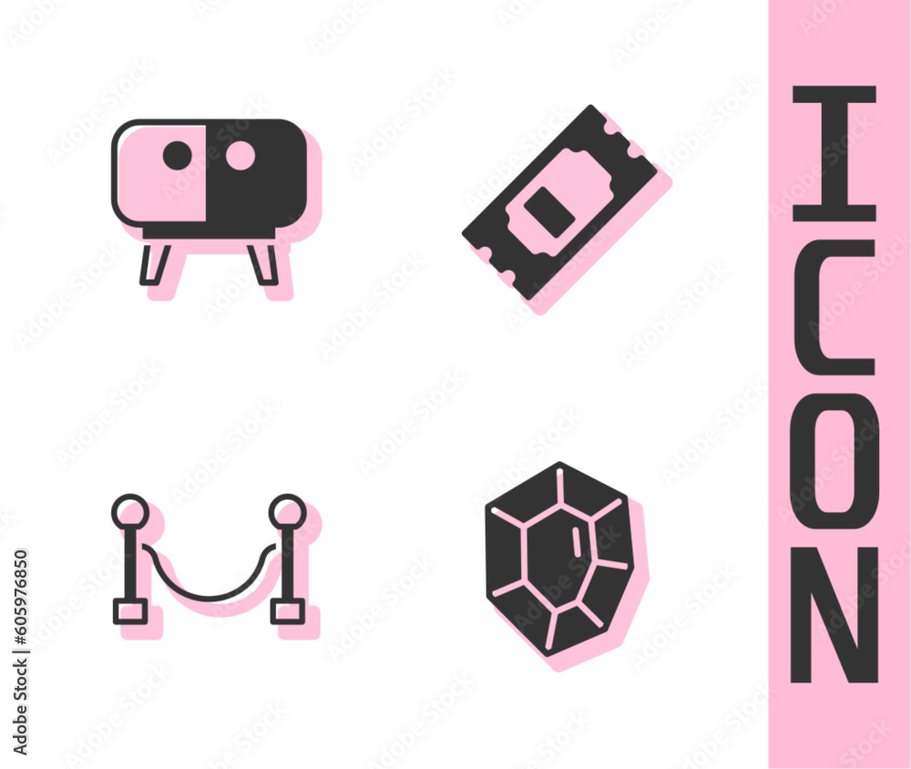 Set Gem stone, TV table stand, Rope barrier and Cinema ticket icon. Vector Set Gem stone, TV table stand, Rope barrier and Cinema ticket icon. Vector