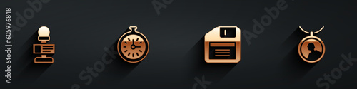 Set Microphone, Pocket watch, Floppy disk and Locket necklace icon with long shadow. Vector