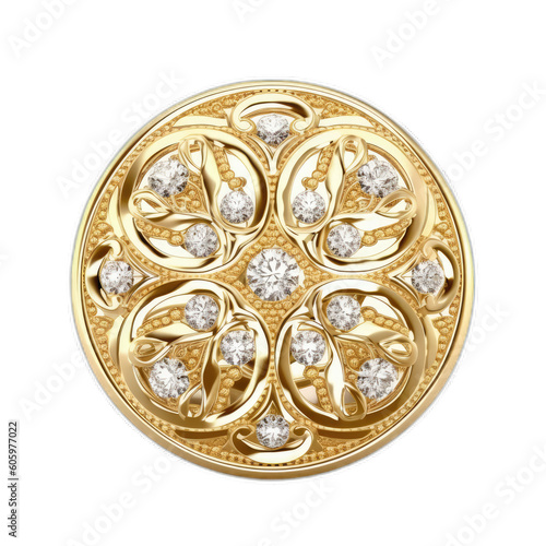 Gold diamond with carving isolated on transparent background. Gold ornament