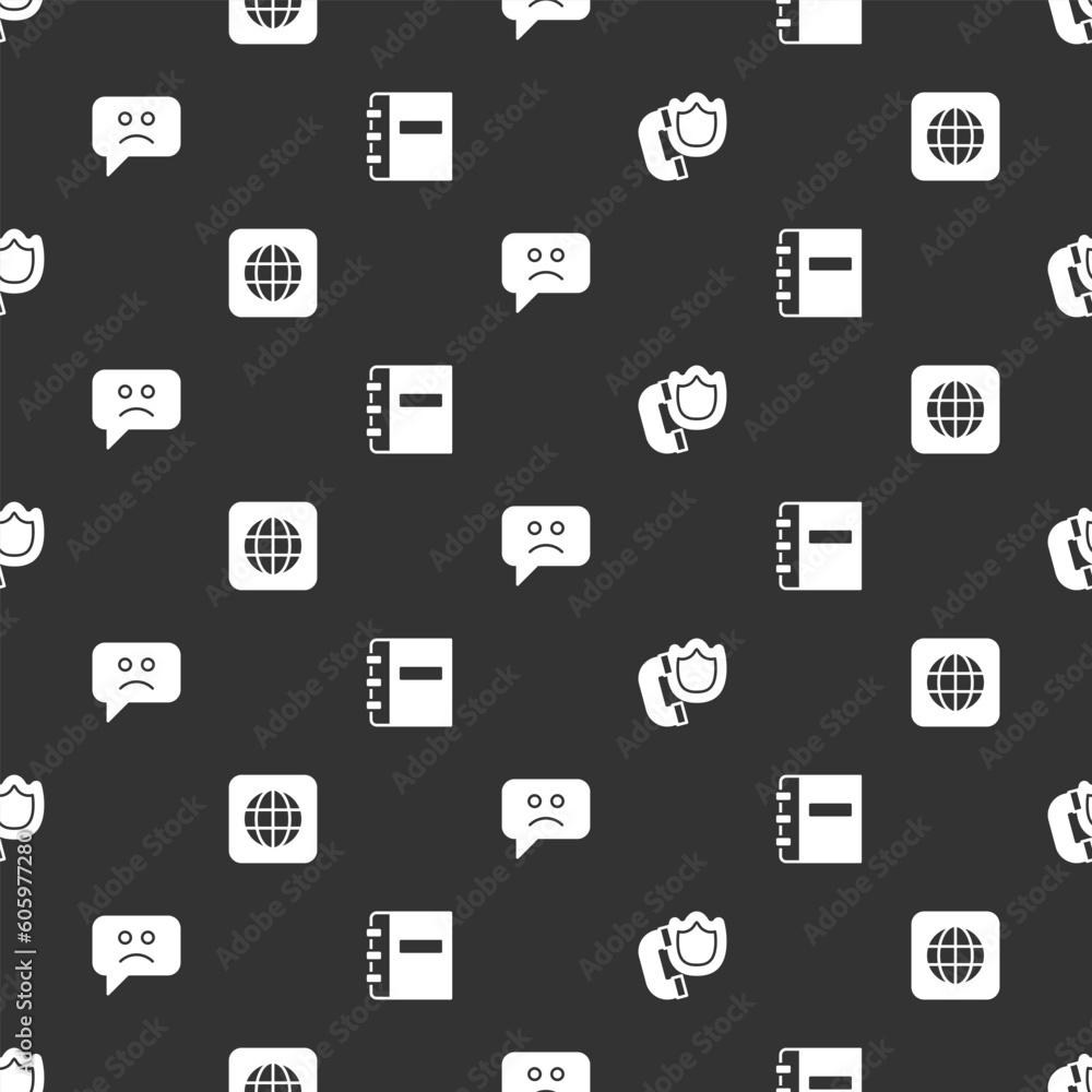 Set Telephone handset with shield, Worldwide, Sad smile and Notebook on seamless pattern. Vector Set Telephone handset with shield, Worldwide, Sad smile and Notebook on seamless pattern. Vector