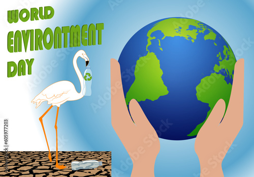 Día mundial del medio ambiente. Un flamenco reciclando una botella de plástico, bajo sus pies la tierra seca. Dos manos sujetando el planeta Tierra en señal de protección