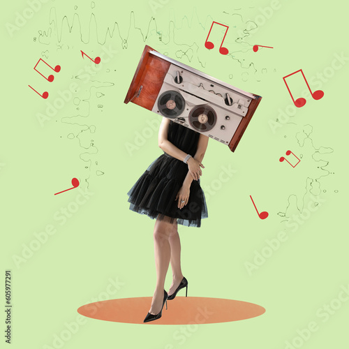 girl in a retro tape recorder instead of a head in a black dress. Sural modern collage. Art art with notes. pop Art photo