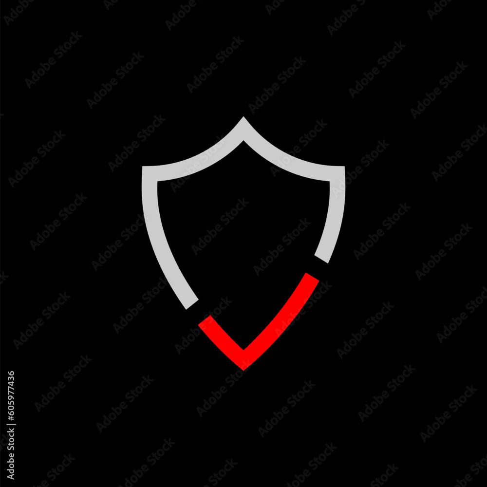 Shield with check mark icon isolated on black background. Shield with check mark icon isolated on black background.