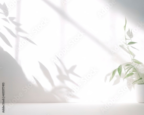 White wall and light shadow of foliage and window on the surface  generative AI soft-focus backdrop for beauty product 