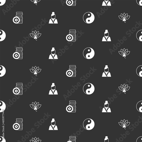 Set Yin Yang symbol, Lotus flower, Chinese Yuan currency and Asian woman on seamless pattern. Vector