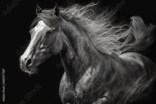 Black and white horse portrait in motion, hyperrealism, photorealism, photorealistic © abstract Art