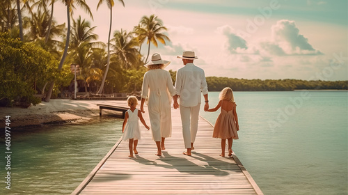 Fotografia Happy family with two kids walking on wooden pier at tropical beach resort