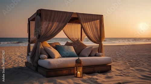 Sunset on the beach with a bed and pillows on the sand. Generative AI. photo