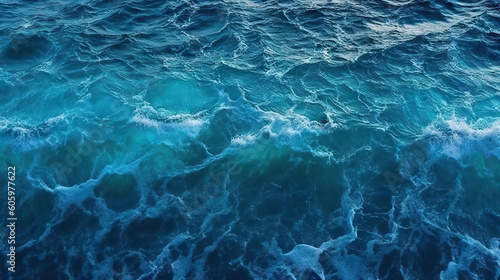 Aerial view of blue sea water surface texture background. Top view. Generative AI.