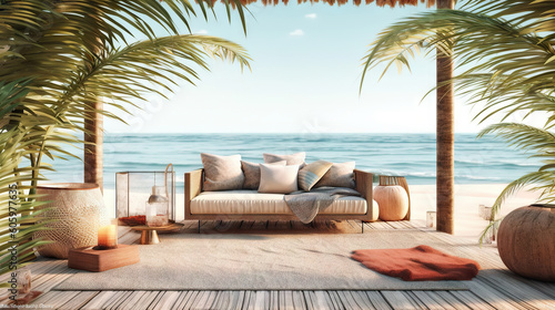 Beautiful tropical beach with palm trees and a sofa. Chill zone. Generative AI. © AS Photo Family