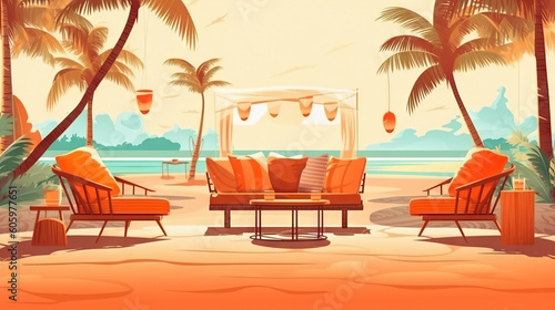 Beach with palm trees, chairs, umbrellas and tables. Vector illustration. Generative AI.