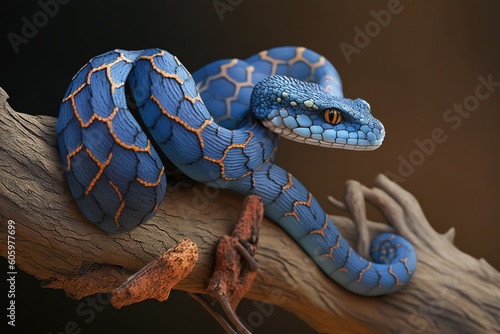 Blue viper snake on branch, viper snake, blue insularis, hyperrealism, photorealism, photorealistic photo