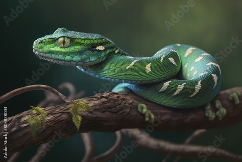 Close - up of a green tree pit viper on a branch, Indonesia, hyperrealism, photorealism, photorealistic