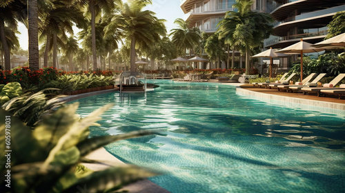 Swimming pool in luxury hotel resort with palm trees and deck chairs. Generative AI.