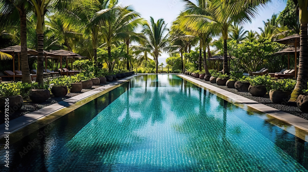 Swimming pool with palm trees in luxury hotel resort, Thailand. Generative AI.