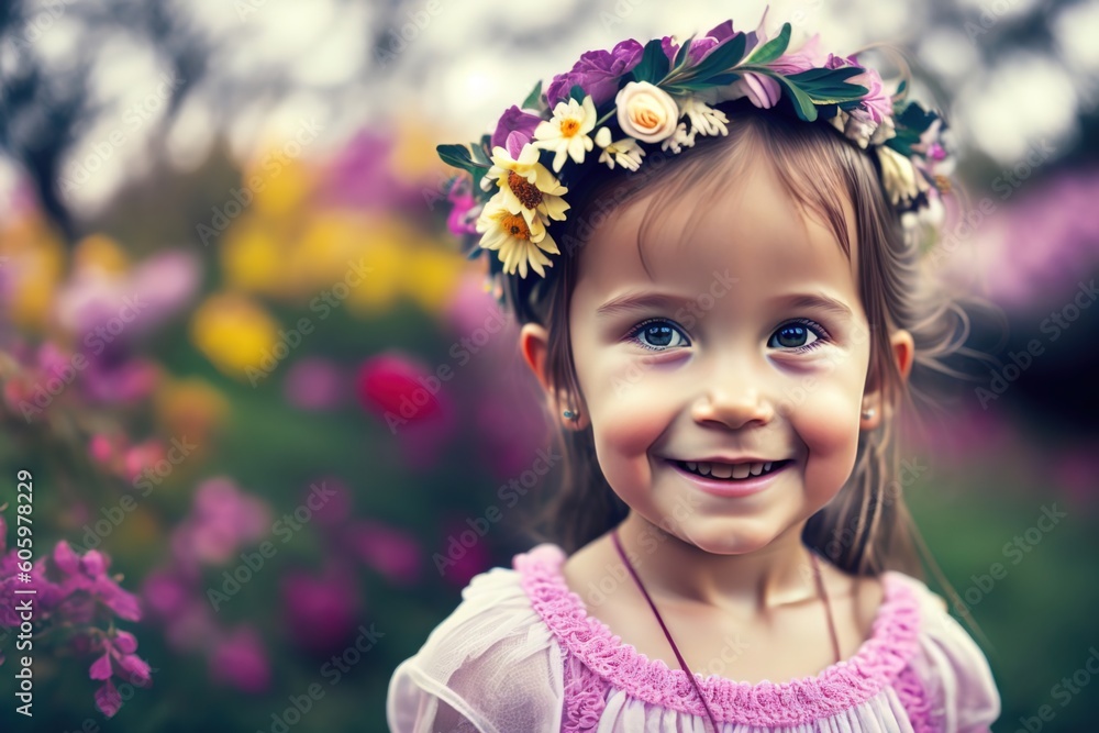 Portrait of beautiful little girl with crowns of
flowers smiling and looking at camera. Wearing wreath of flowers Portrait of beautiful little girl with crowns of
flowers smiling and looking at camera. Wearing wreath of flowers
