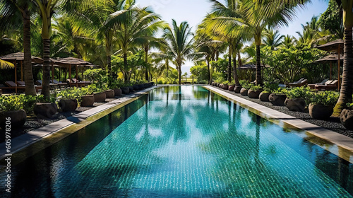 Swimming pool with palm trees in luxury hotel resort, Thailand. Generative AI. © AS Photo Family