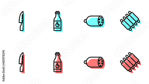 Set line Salami sausage  Barbecue knife  Tabasco sauce and Grilled pork bbq ribs icon. Vector