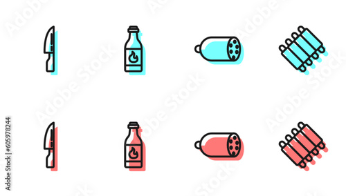 Set line Salami sausage, Barbecue knife, Tabasco sauce and Grilled pork bbq ribs icon. Vector
