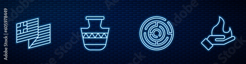 Set line Minotaur labyrinth, Greece national flag, Ancient amphorae and Hand holding fire. Glowing neon icon on brick wall. Vector