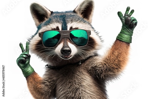Funny raccoon in green sunglasses showing a rock gesture isolated on white background, hyperrealism, photorealism, photorealistic © abstract Art