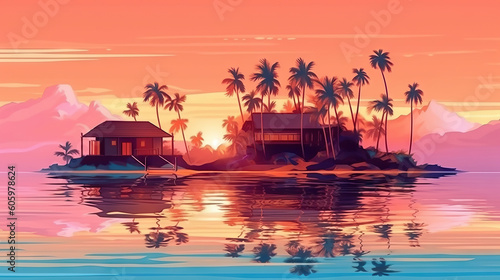 Tropical island with palm trees at sunset. Vector illustration. Generative AI.