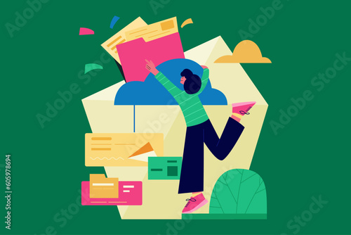Woman put document file folder in cloud storage flat illustration