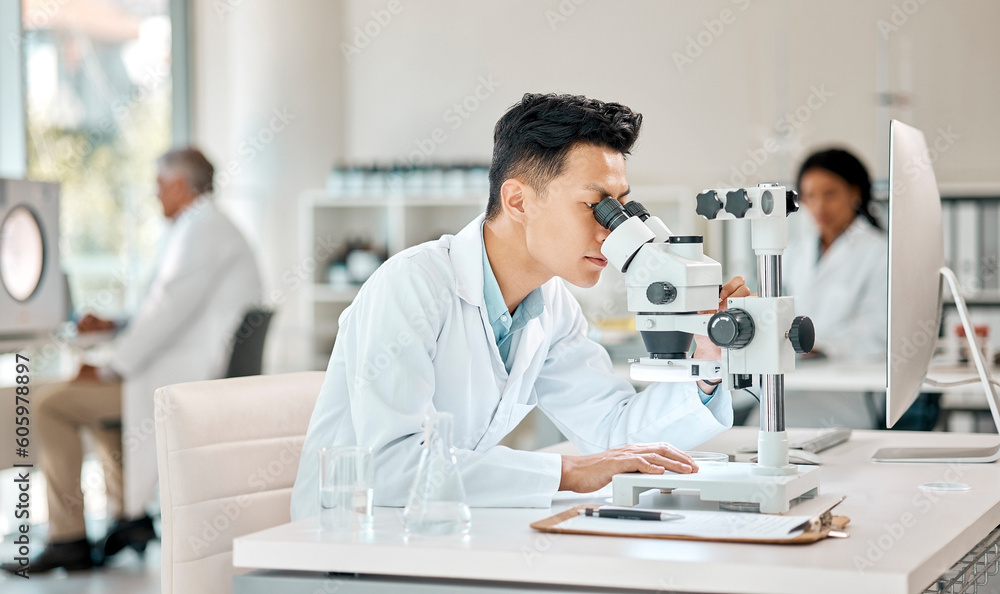 Investigation, science and microscope with an asian man doctor working in a lab for research or innovation. Healthcare, medical and experiment with a male scientist in a laboratory for analysis Investigation, science and microscope with an asian man doctor working in a lab for research or innovation. Healthcare, medical and experiment with a male scientist in a laboratory for analysis