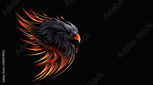 Abstract illustration of an flaming eagle's head on black background - Generative AI