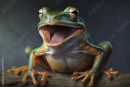 Tree frog  flying frog laughing  hyperrealism  photorealism  photorealistic