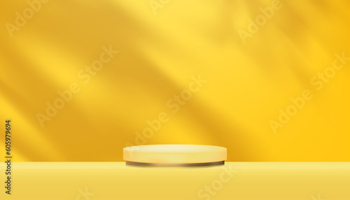 Autumn background,3D Studio Background with cylinder pedestal podium with leaves shadow on yellow wall room,Vector Scene Mockup for Fall Season,Thanksgiving,harvest festival Product display presents