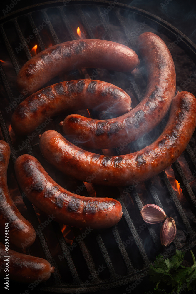 Grilled sausage on the flaming grill. AI generative Grilled sausage on the flaming grill. AI generative
