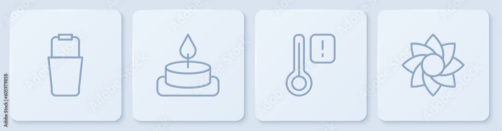 Set line Sauna bucket, thermometer, Aroma candle and Flower. White square button. Vector Set line Sauna bucket, thermometer, Aroma candle and Flower. White square button. Vector