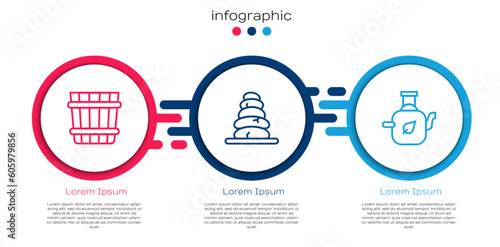 Set line Sauna bucket, Stack hot stones and Teapot with leaf. Business infographic template. Vector